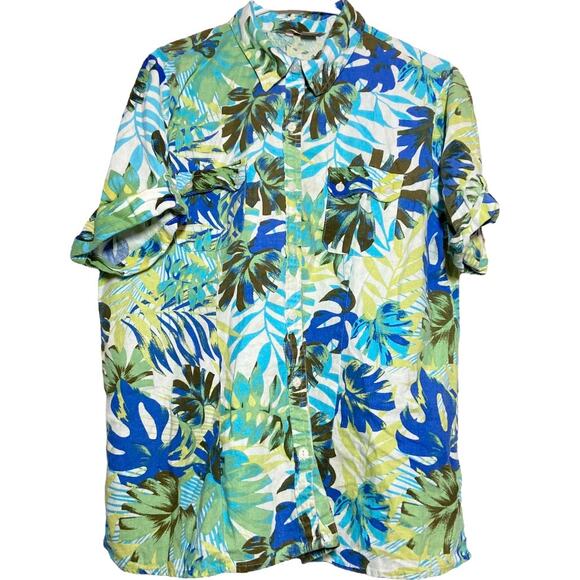 White Stag Tops - White Stag Hawaiian Button Up Shirt Linen Short Sleeve Tropical Palm Print XL